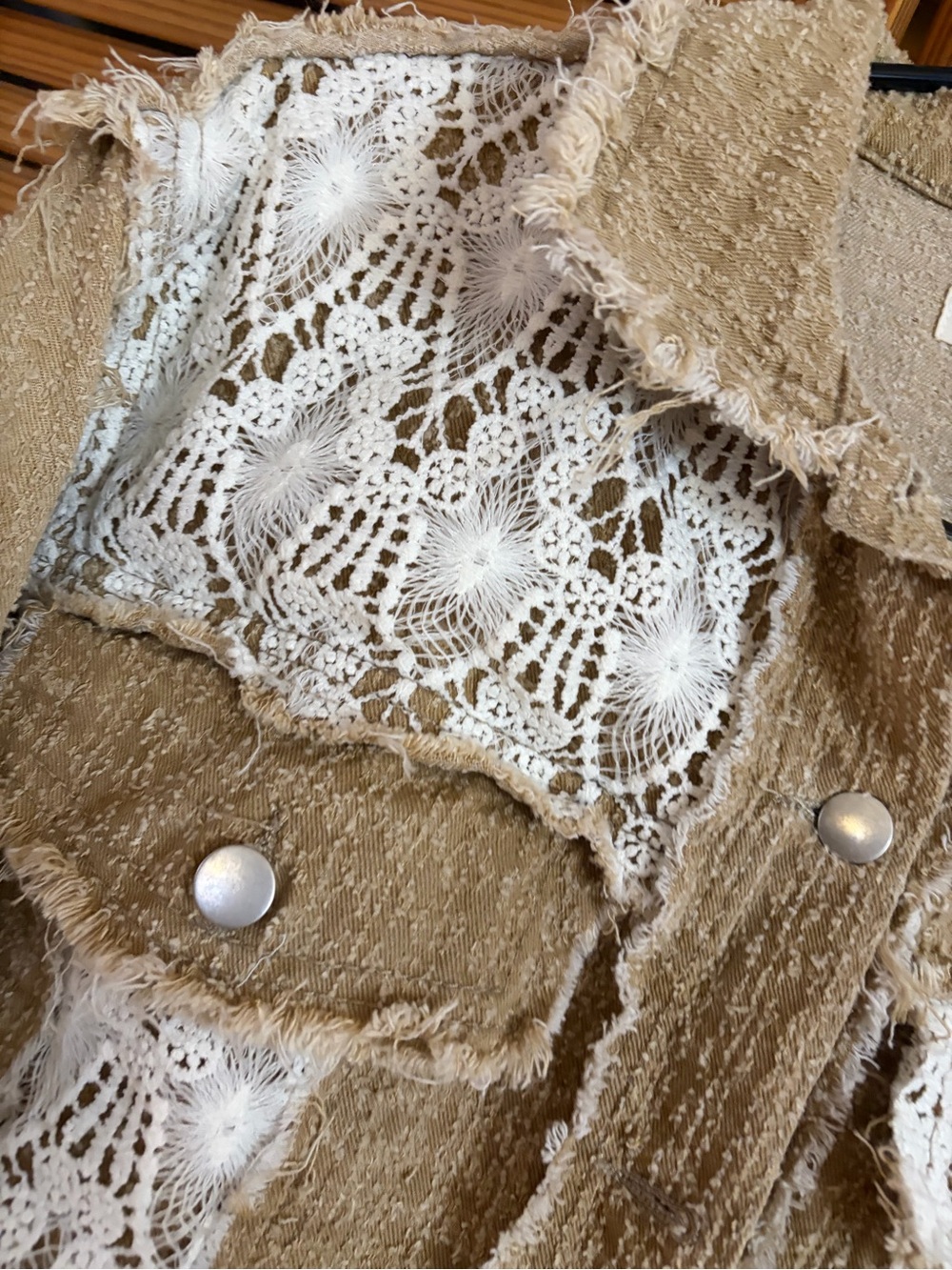 POL Tan Crochet-Accent Jacket with Embroidered Rose & Peace - Picture 2 of 7